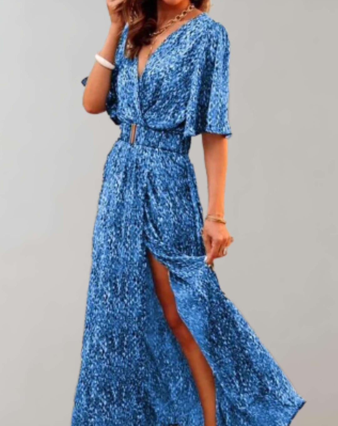 Casual elegant floral wrap maxi dress for women with a side slit, v-neck, and flowy fabric. Ideal for day wear.