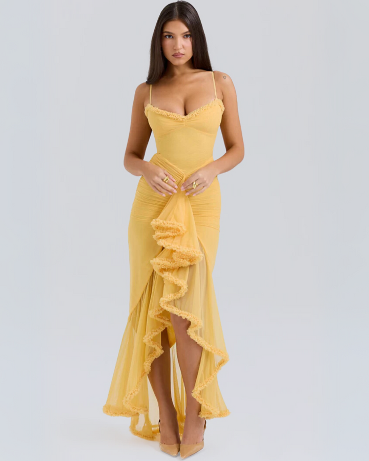 Women's Florence romantic ruffle maxi dress. Elegant flowing gown perfect for formal events, parties & special occasions.