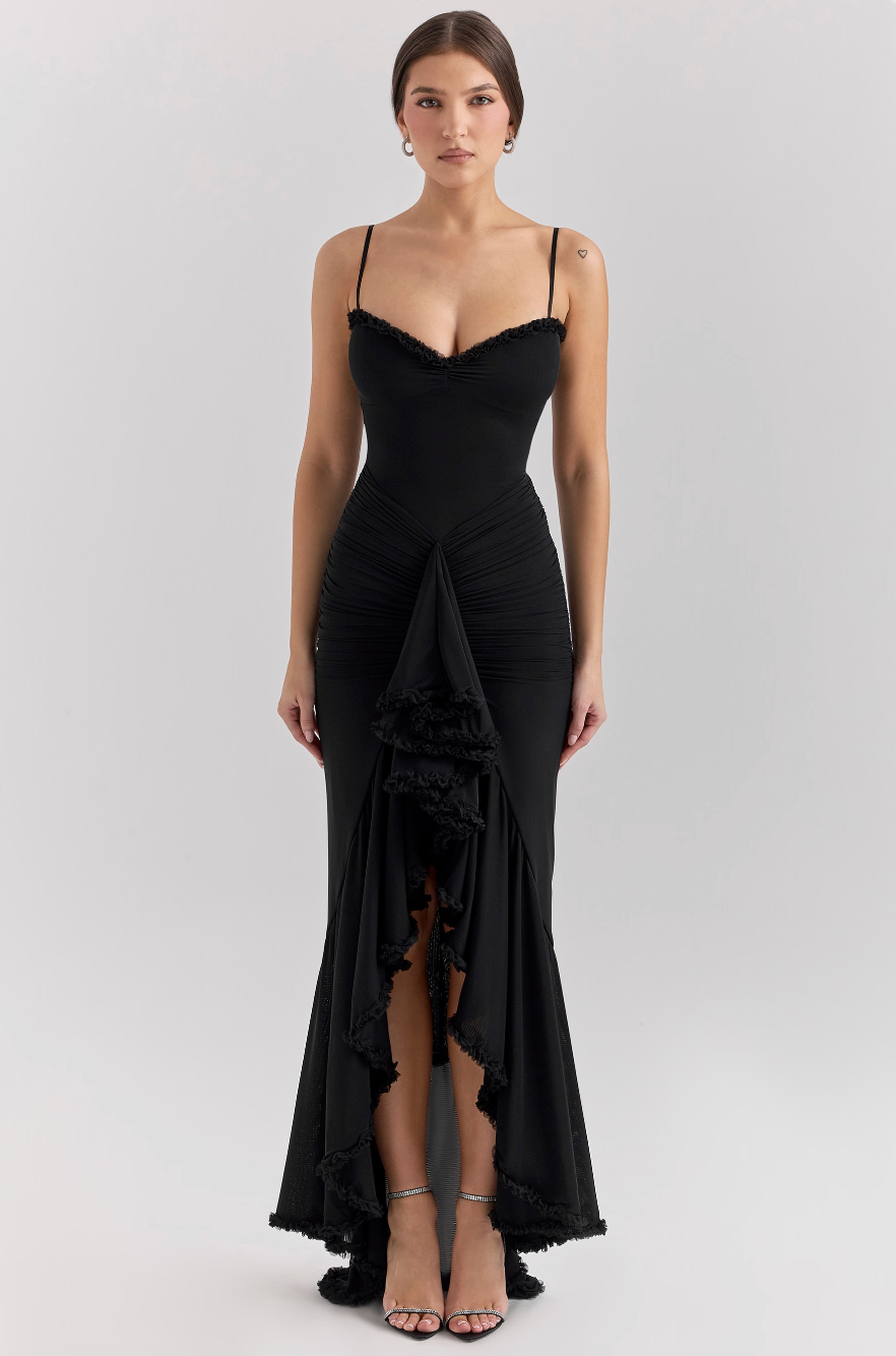 Women's elegant Florence ruffle maxi dress. Flowing romantic gown for evening events, formal wear & special parties.
