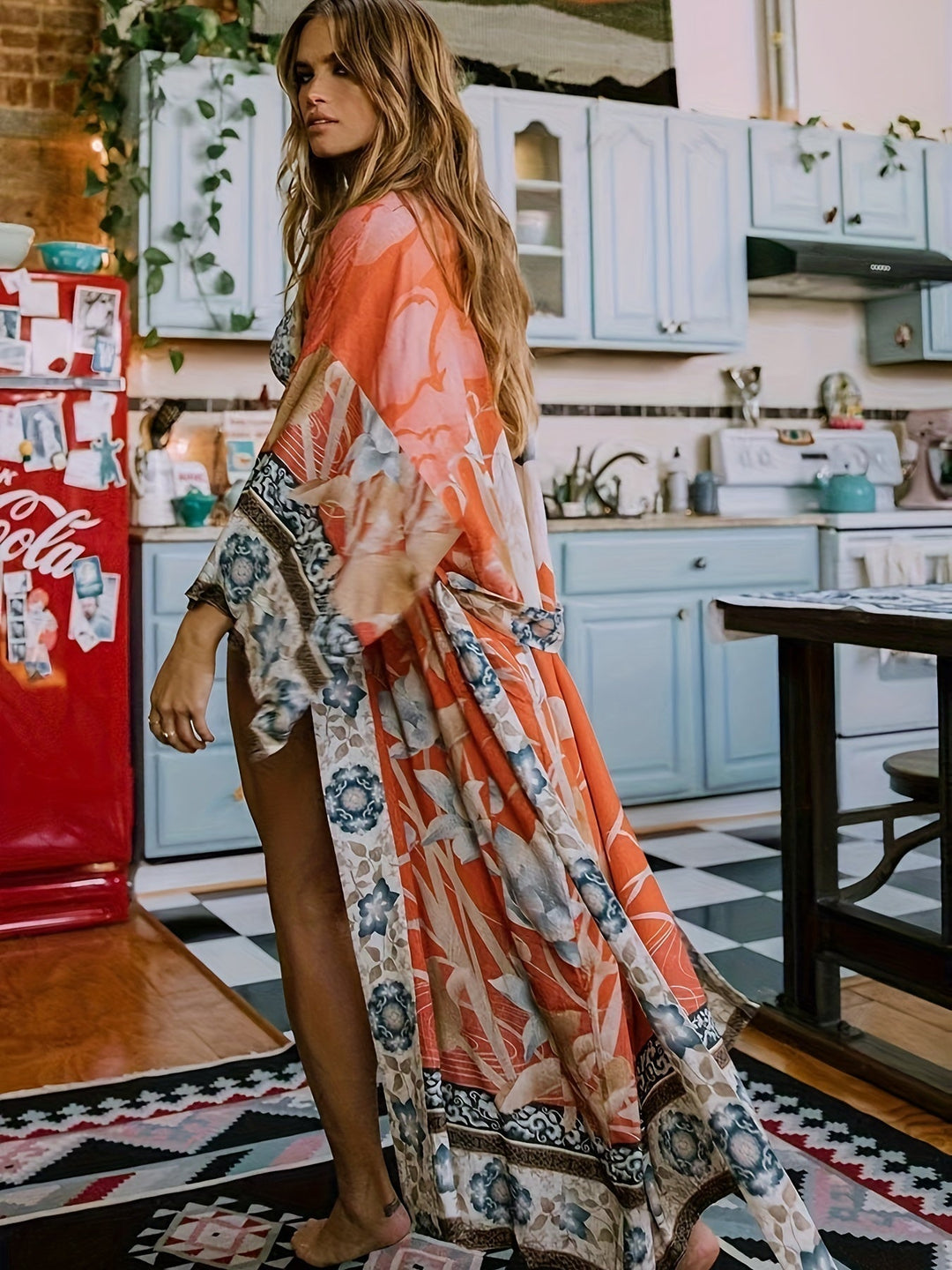Women's Flowing Floral Print Resort Kimono, perfect beach cover-up or elegant summer style.