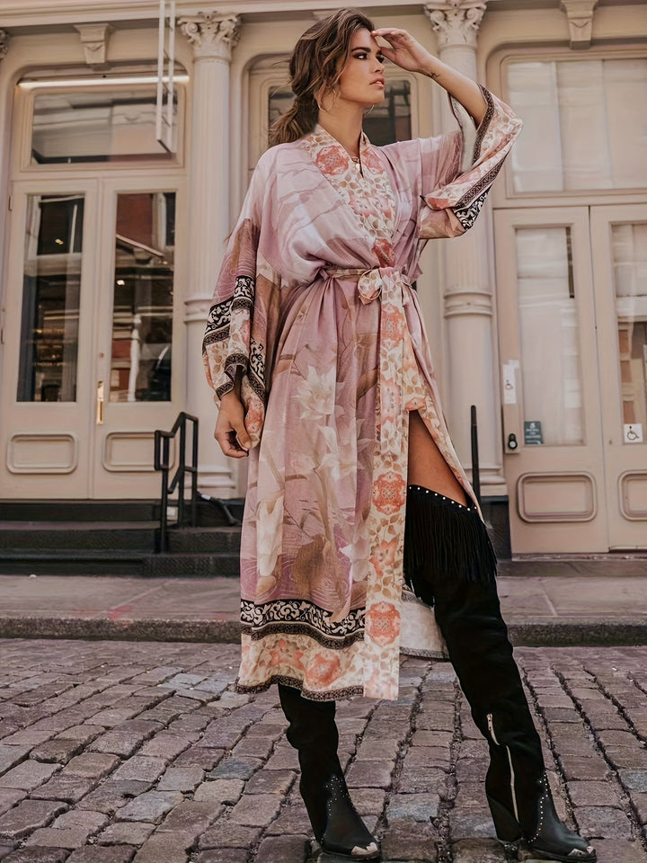One-size women's floral print resort kimono, a chic and lightweight beach cover-up for summer.