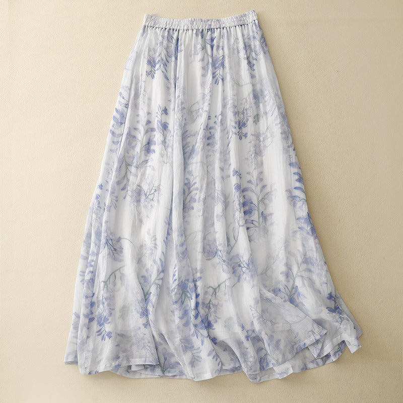 Comfortable women's flowy pleated midi skirt with drawstring waist, ideal for relaxed summer outfits & bohemian look.