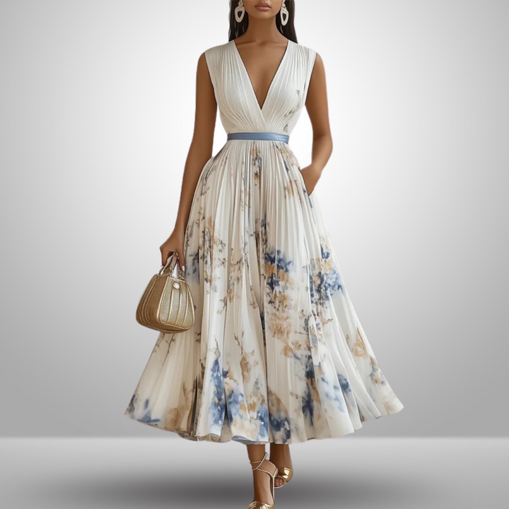 Women's flowing sleeveless V-neck maxi dress in soft fabric, perfect for elegant summer casual or vacation style.