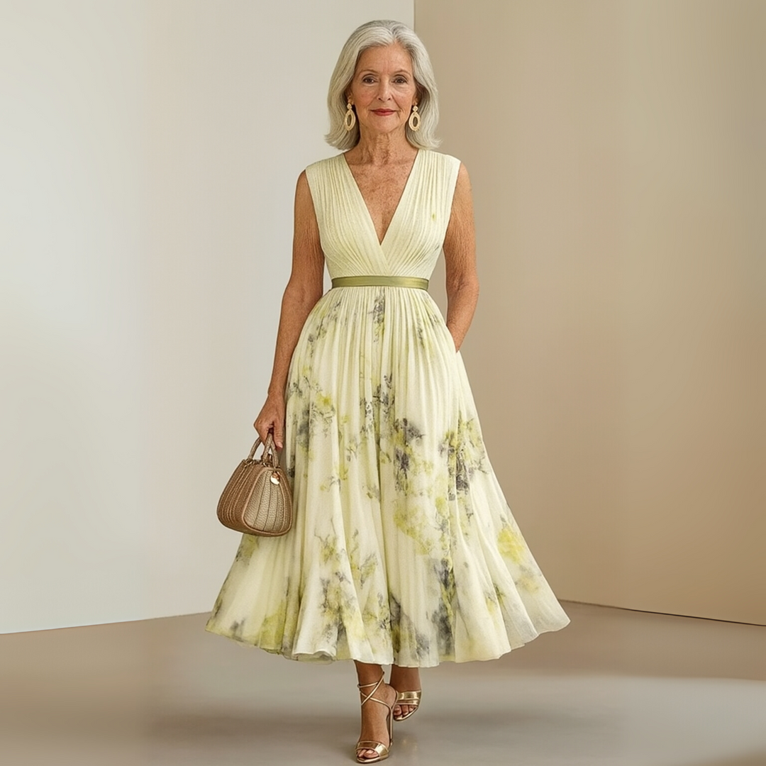 Women's sleeveless V-neck maxi dress worn casually in a vibrant setting, perfect for effortless summer style.
