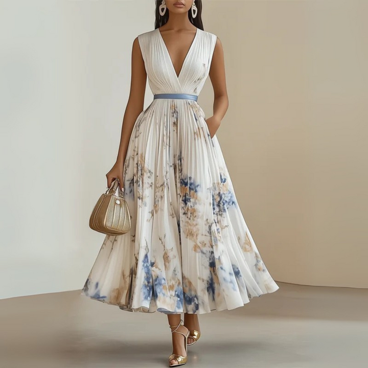 Flowy sleeveless maxi dress for women, V-neck design, comfortable and stylish for effortless summer vacation outfits.