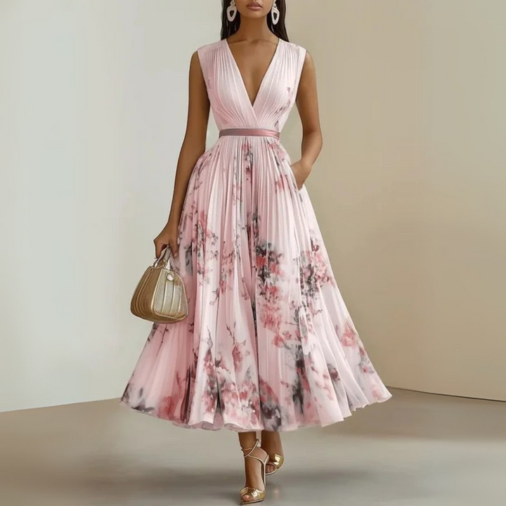 Elegant back of women's flowing sleeveless maxi dress, perfect for casual summer, vacation or beach wear.