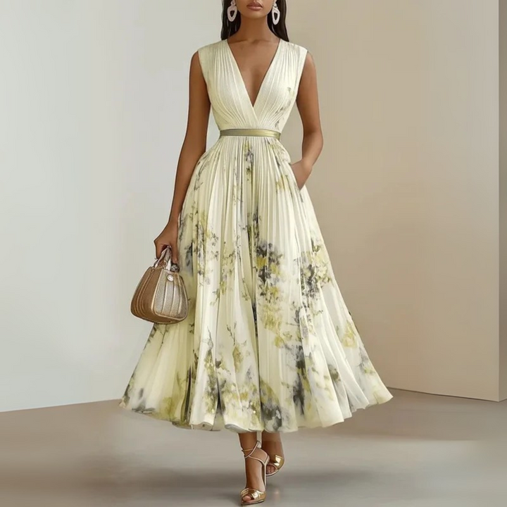 Women's sleeveless V-neck maxi dress, styled with sandals, perfect casual summer vacation and effortless elegant outfit.