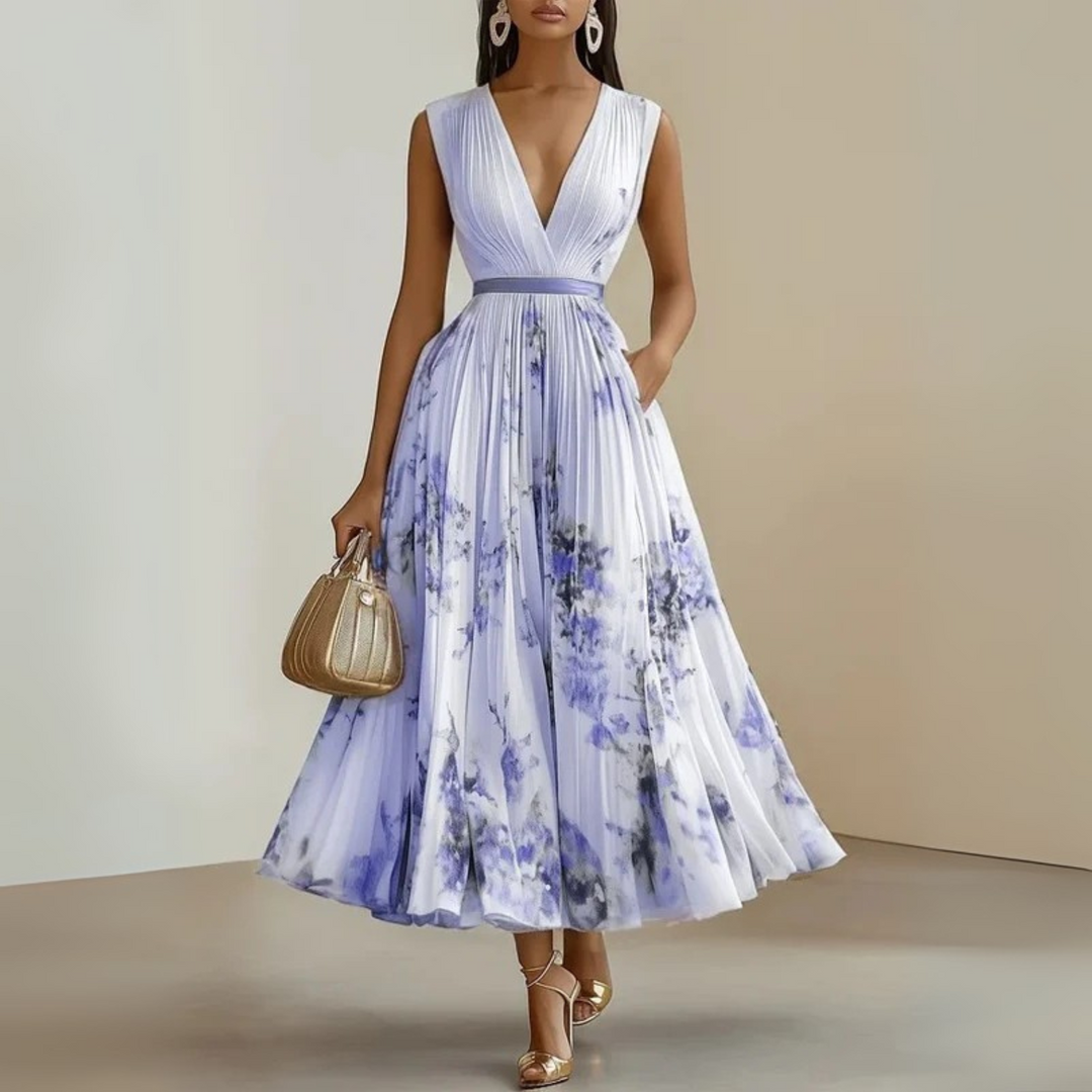 Plus size women's flowing sleeveless maxi dress, elegant V-neck, comfortable and stylish for summer casual wear.