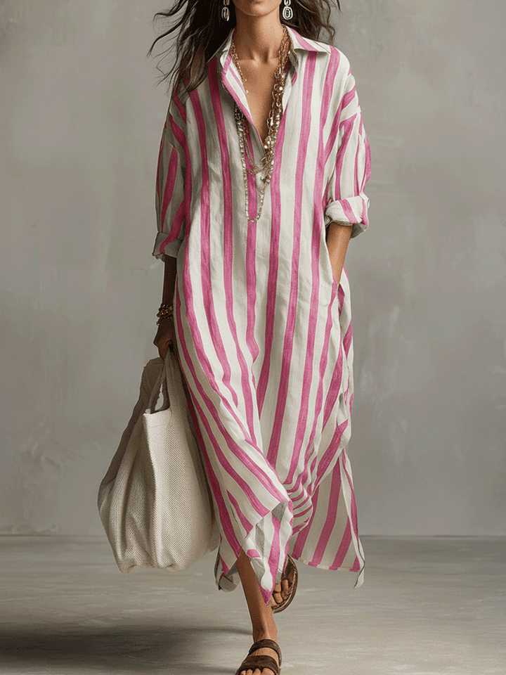 Women's striped bohemian maxi dress featuring a flowing summer style, ideal for beach & vacation.
