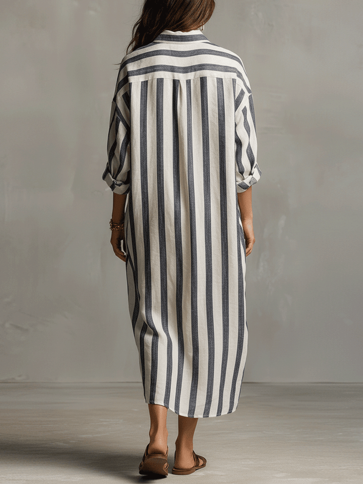 Versatile women's striped bohemian maxi dress, suitable for summer casual, beach, and vacation wear.