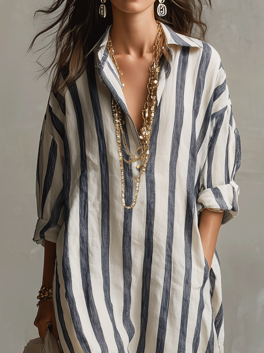 Stunning women's striped bohemian maxi dress with a flowing silhouette, perfect for summer resort wear.