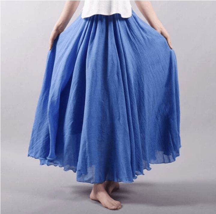 Comfortable women's flowy A-line maxi skirt, relaxed fit for summer beachwear and vacation style.