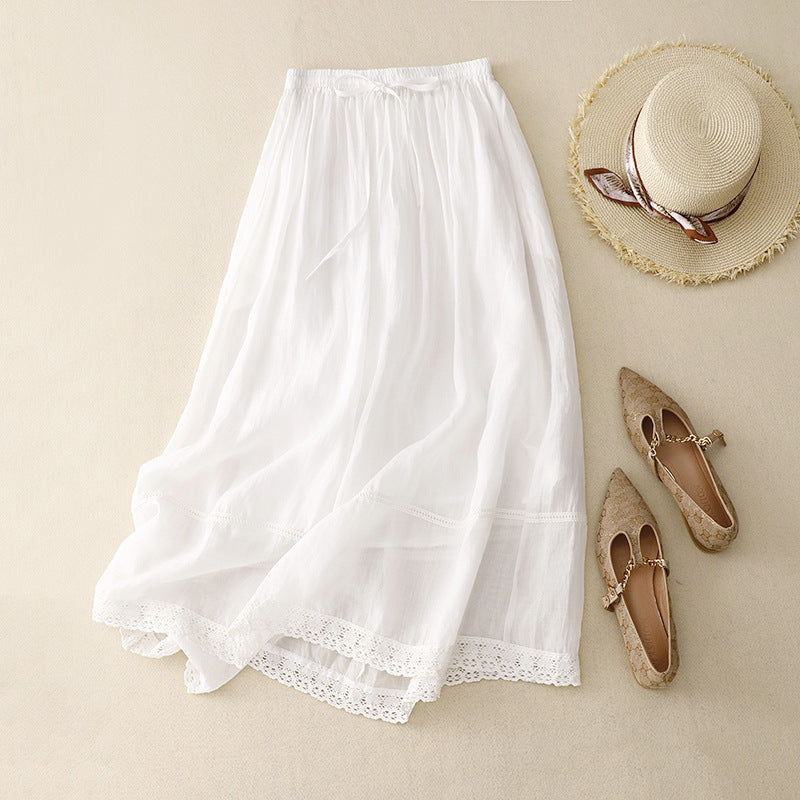 Comfortable women's long A-line maxi skirt with adjustable waist and delicate lace trim, great for modest fashion.