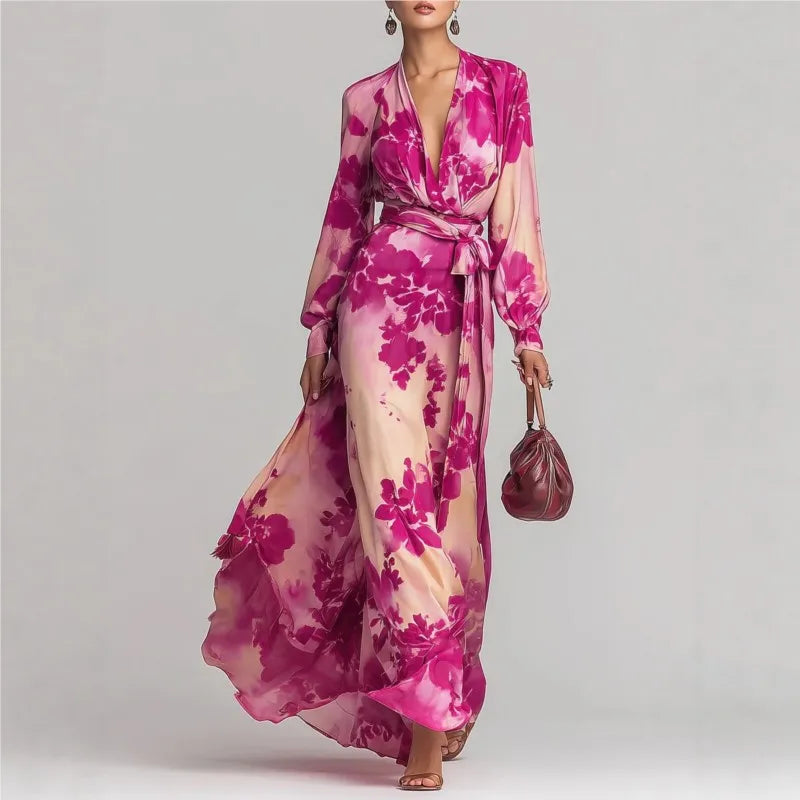 Women's flowy bohemian maxi dress with deep V-neck and elegant lantern sleeves, perfect for summer vacations.
