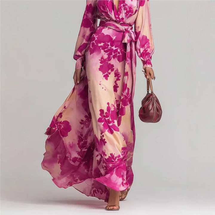 Elegant women's bohemian maxi dress with deep V-neck, belted waist, and a flowing skirt, ideal for parties.