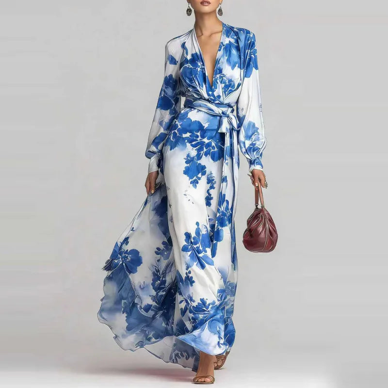 Casual chic women's bohemian maxi dress, featuring a deep V-neck, long lantern sleeves, and a comfortable design.