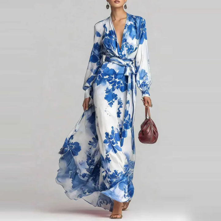 Casual chic women's bohemian maxi dress, featuring a deep V-neck, long lantern sleeves, and a comfortable design.