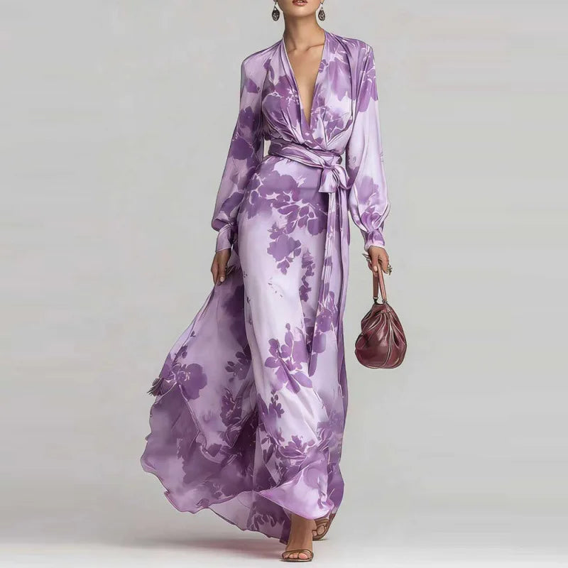 Stylish women's bohemian maxi dress with deep V-neck, full sleeves, and a beautiful silhouette, great for summer.