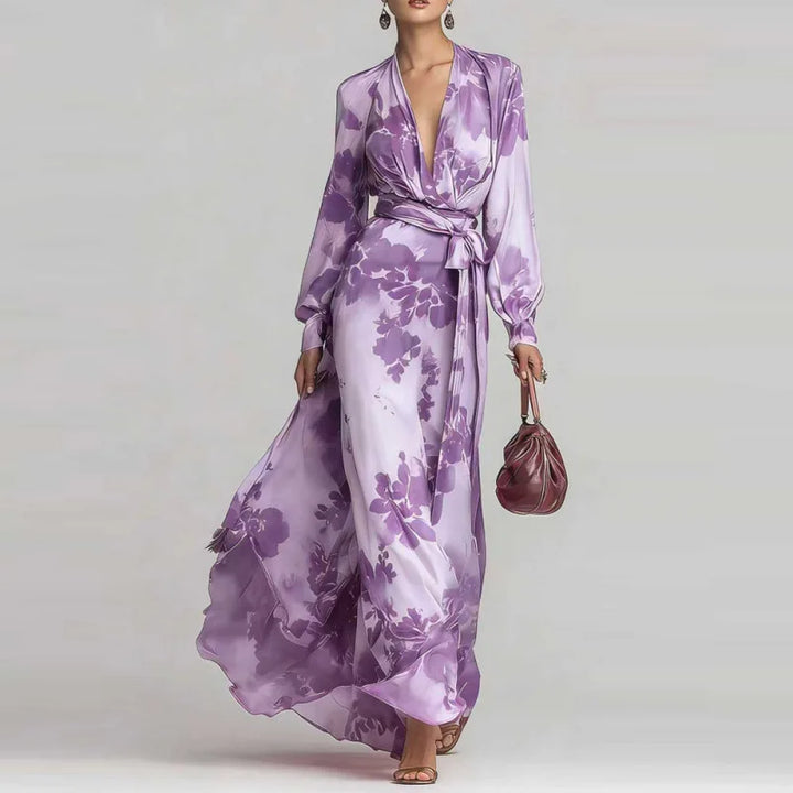 Stylish women's bohemian maxi dress with deep V-neck, full sleeves, and a beautiful silhouette, great for summer.