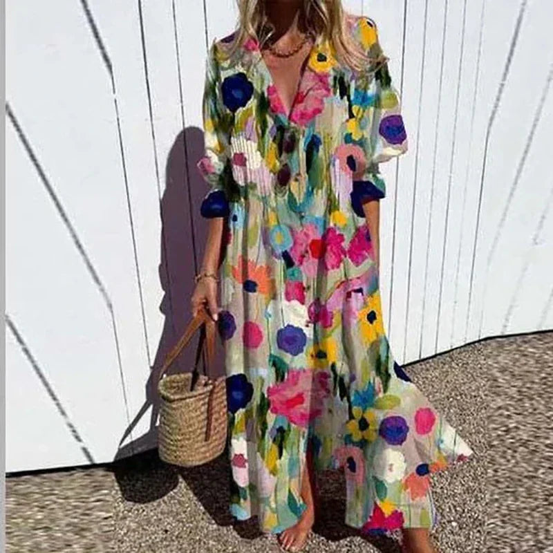 Women's flowy bohemian summer dress with a vibrant floral print, perfect for beachwear & casual outings.