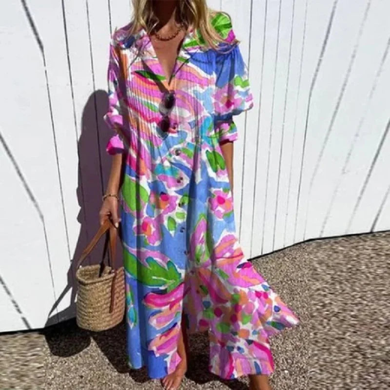 Elegant women's boho summer dress gracefully flowing in the breeze, ideal for vacation outfits & beachwear.