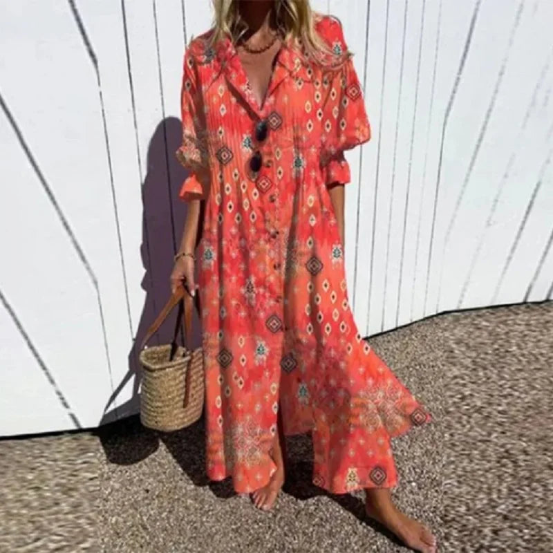 Chic women's bohemian floral summer dress, a versatile and effortless piece for casual or vacation wear.