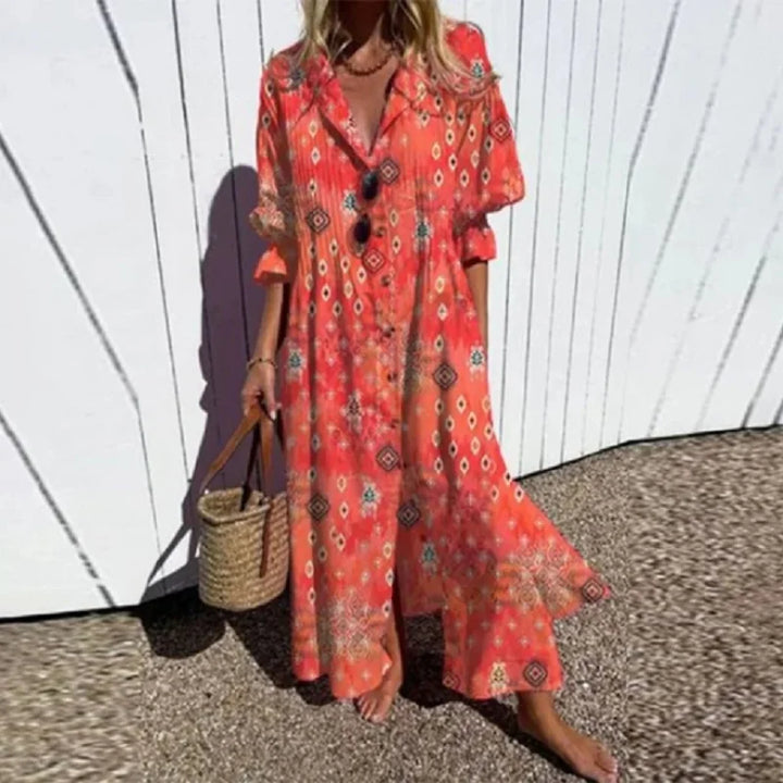 Chic women's bohemian floral summer dress, a versatile and effortless piece for casual or vacation wear.