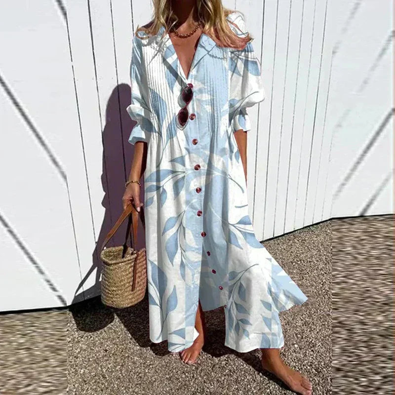 Stylish women's flowy summer dress, showing a relaxed fit and flattering silhouette, great for any summer day.