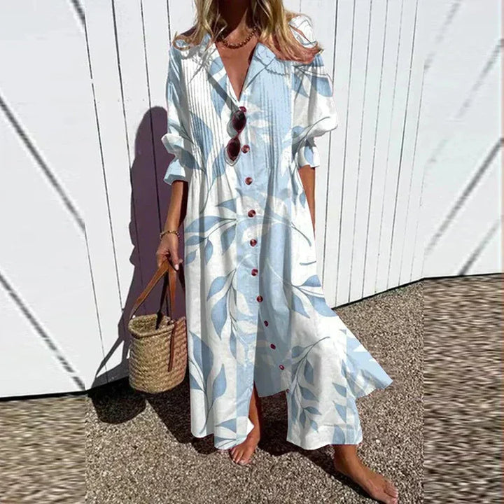 Stylish women's flowy summer dress, showing a relaxed fit and flattering silhouette, great for any summer day.