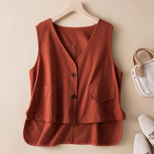 Women's flowy green cotton blend vest for comfortable casual wear & layering. Sleeveless design.