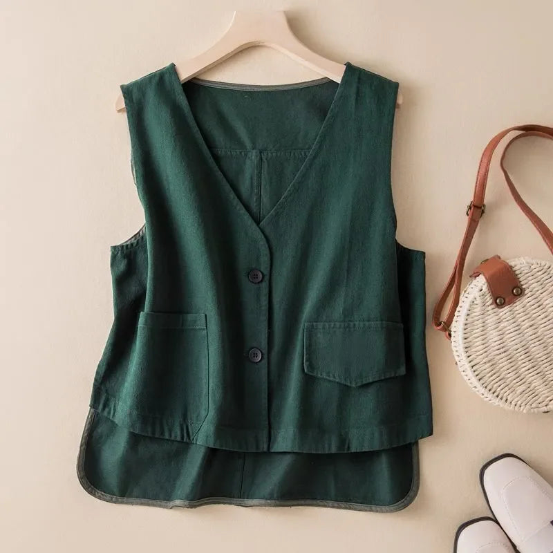 Stylish red women's flowy cotton blend vest. Sleeveless and comfortable for everyday casual wear.