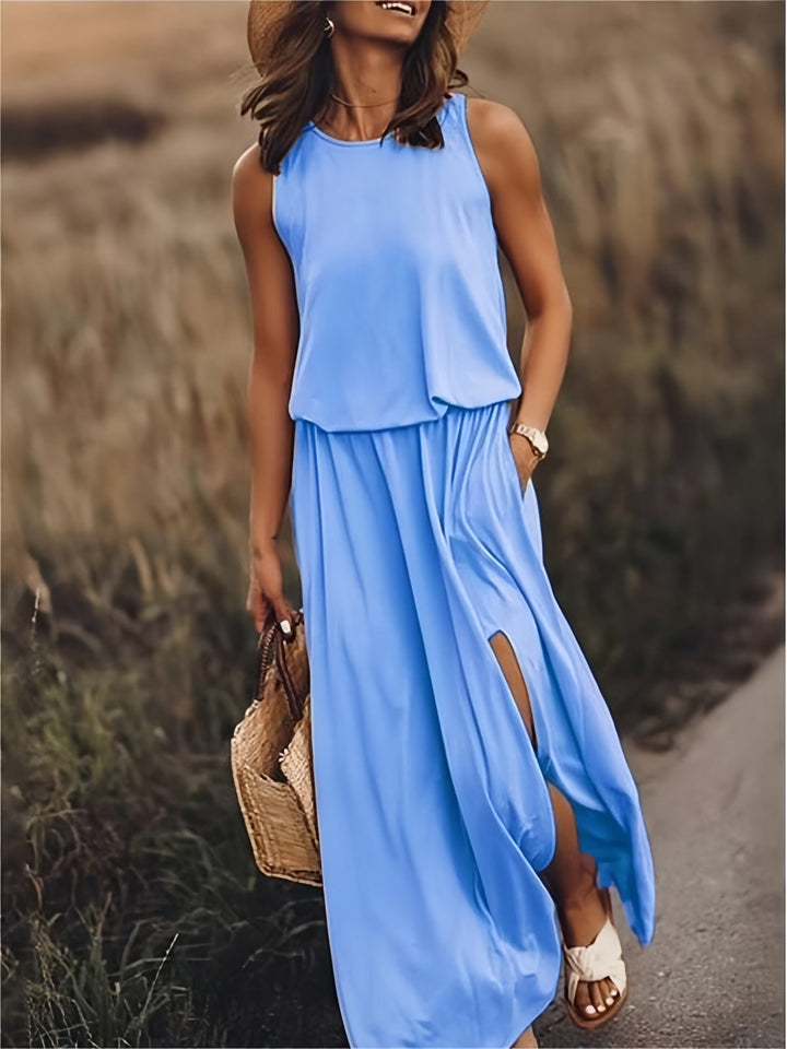 Elegant women's sleeveless maxi dress, featuring a comfortable elastic waist & flattering side slit for casual wear.