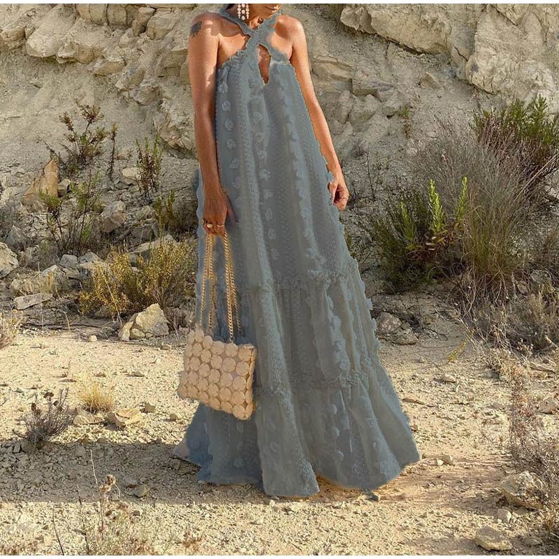 Beach-ready flowy maxi dress for women. Long summer vacation style, comfortable & elegant beach apparel.