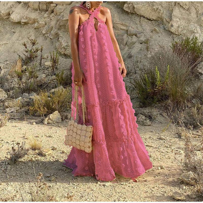 Casual women's flowy maxi dress. Comfortable long summer outfit, versatile for everyday & elegant comfort.