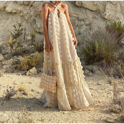 Elegant women's flowy maxi dress. Lightweight summer fashion, perfect for vacation or casual style.