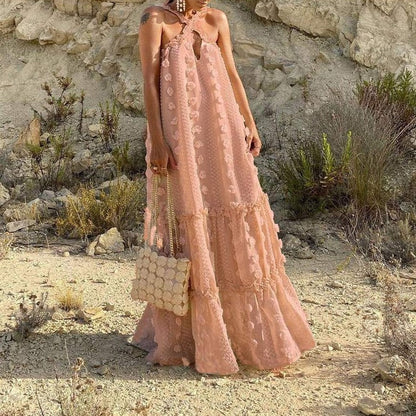 Stylish women's flowy maxi dress. Beautiful summer design, comfortable long vacation outfit for women.