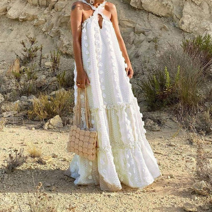 Long, flowy women's maxi dress. Effortless summer style, ideal for vacation, beach, or casual outings.