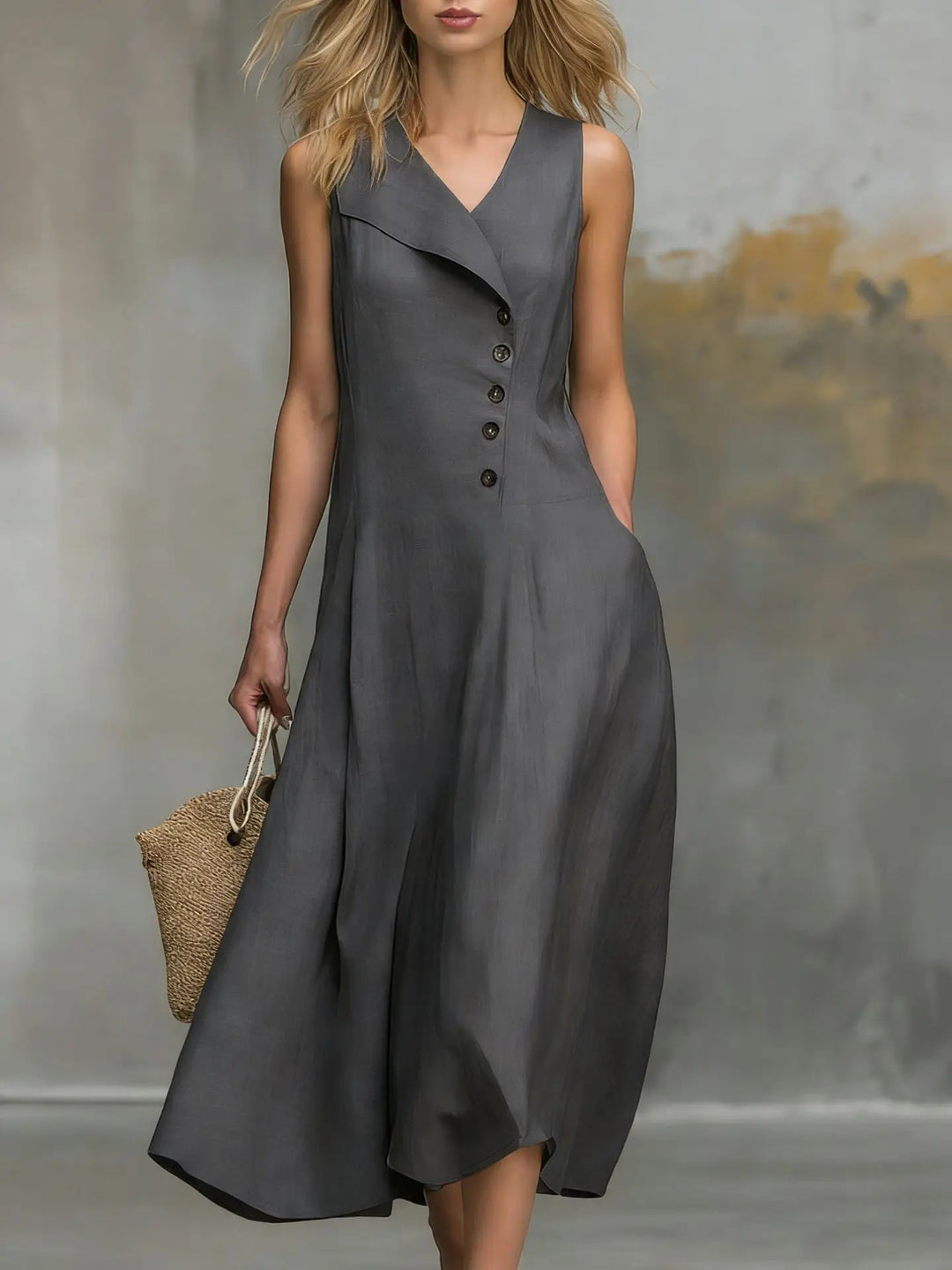 Comfortable women's sleeveless flowy midi dress, perfect for casual everyday wear with a relaxed fit.