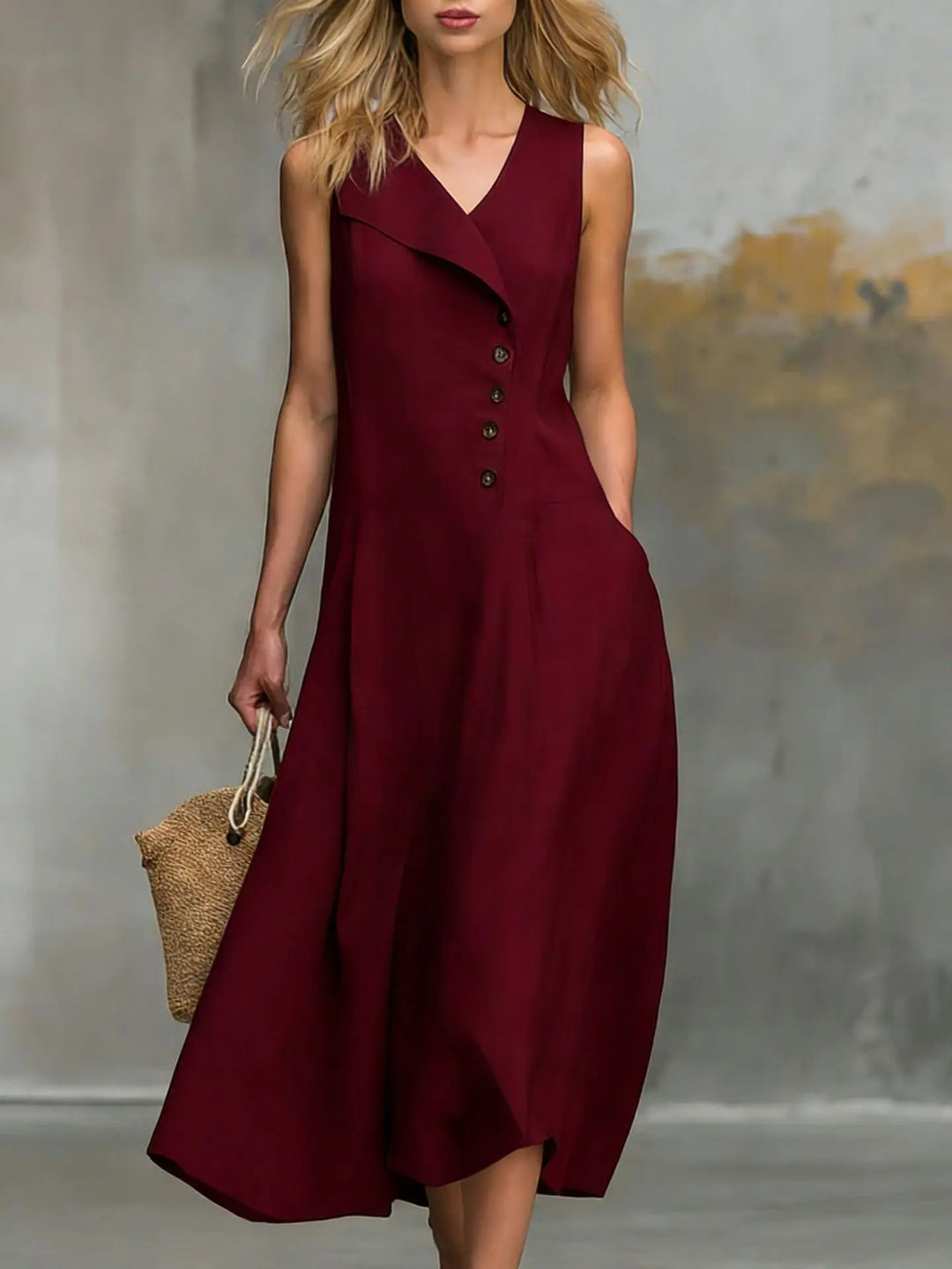 Elegant women's V-neck midi dress featuring unique asymmetrical button detail and a comfortable flowy fit.