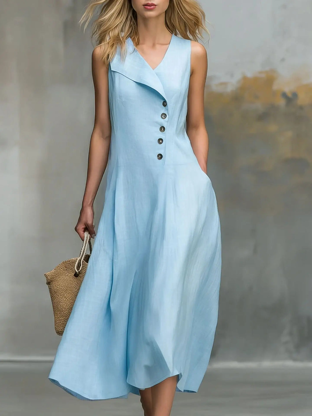 Versatile women's flowy midi dress with V-neck and asymmetrical buttons, great for casual or elegant everyday wear.