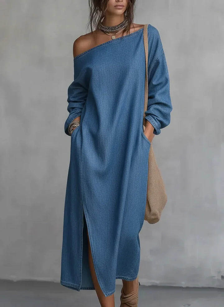 Women's flowy one-shoulder maxi dress in a solid color, perfect for summer vacations or a casual beach look.