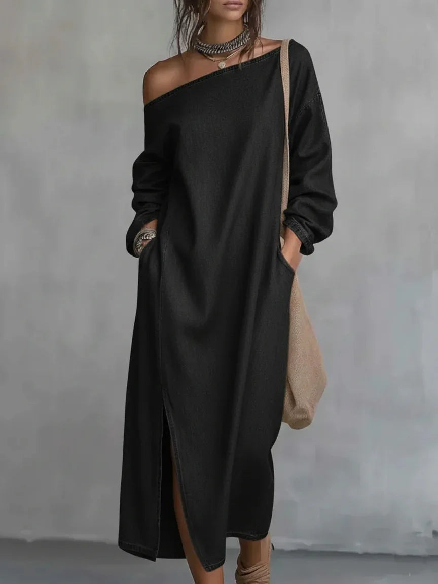 Relaxed fit one-shoulder maxi dress for women, with an elegant flowy design. Ideal as a summer or vacation dress.