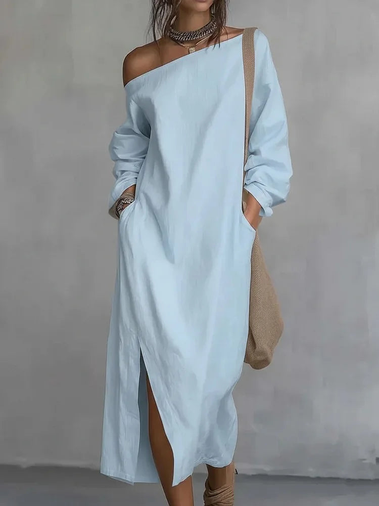 Stylish women's one-shoulder maxi dress, a comfortable and flowy option for beach days or relaxed summer outings.