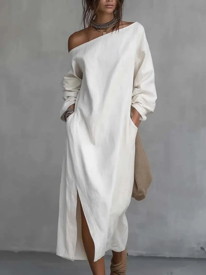 Comfortable solid color one-shoulder maxi dress for women, featuring a flattering oversized and flowy fit.