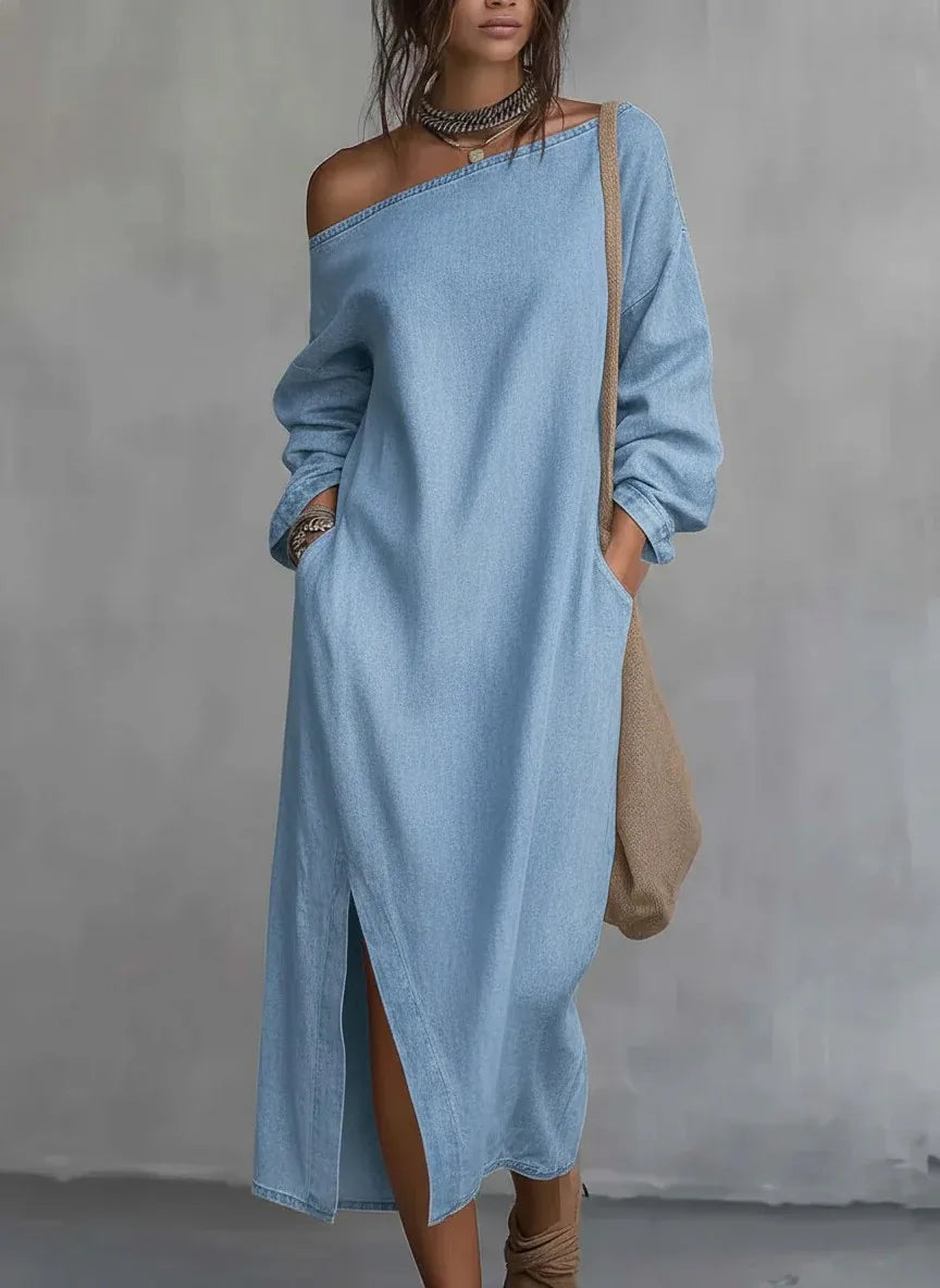 Casual women's flowy one-shoulder maxi dress, a versatile sleeveless design for summer, beach, or vacation wear.