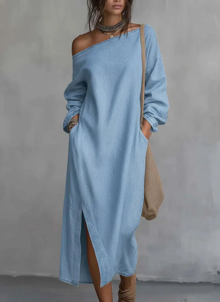 Casual women's flowy one-shoulder maxi dress, a versatile sleeveless design for summer, beach, or vacation wear.