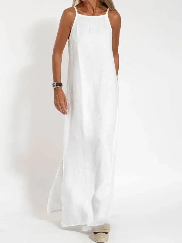 Breathable women's summer dress, sleeveless maxi style with a flattering side slit, perfect for vacation.