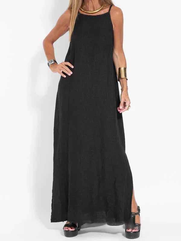 Women's long flowy sleeveless dress, relaxed fit and comfortable, ideal for beach trips or casual outings.