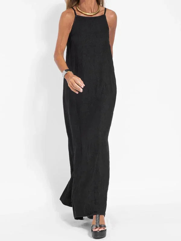 Everyday women's sleeveless maxi dress, comfortable and elegant, with a side slit and relaxed flowy fit.