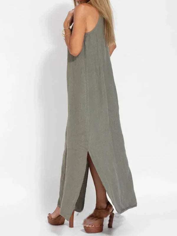 Elegant long flowy maxi dress for women, featuring a stylish side slit, great for summer fashion.